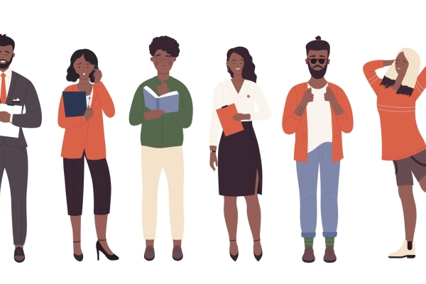 Illustration of six black men and women in different outfits, holding books, folders and clipboards